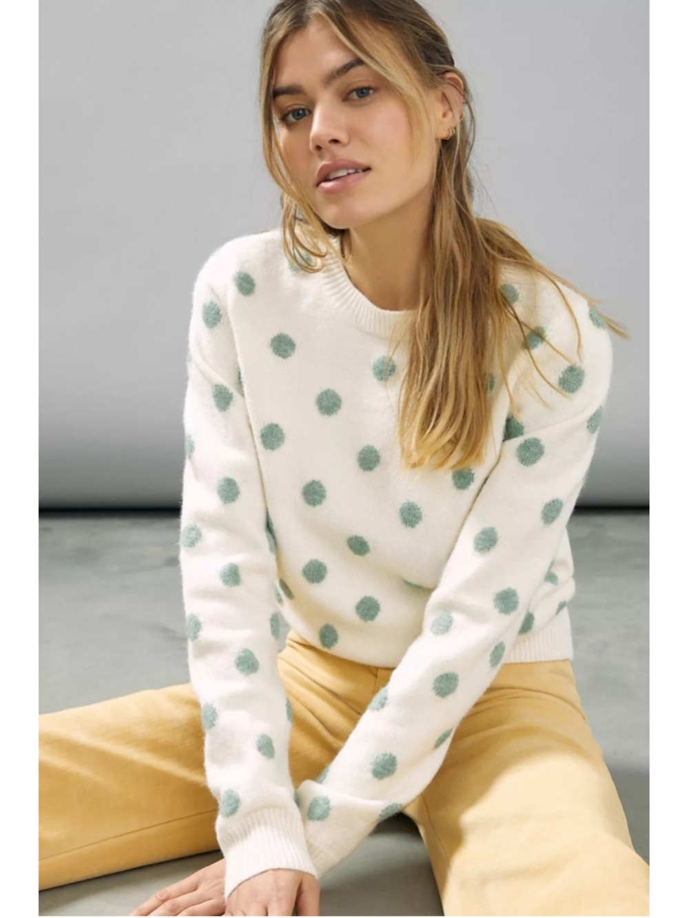 Anthropologie Danette Polka Dot Sweater Women's Size Small White Ivory Crew Neck